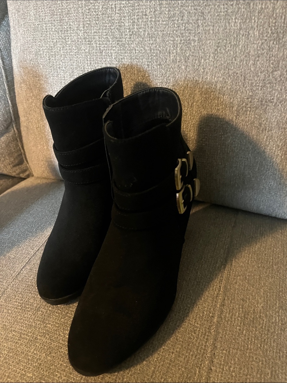 White Mountain Black Suede Ankle Booties with Double Buckles